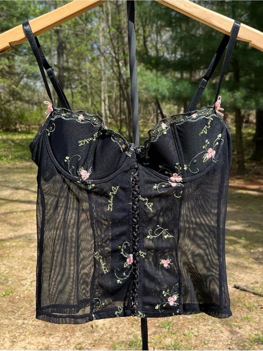 Y2K Rampage Black Mesh Floral Brassier Bustier Corset Top Size 32B Coquette Sexy